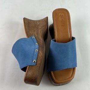 Euc SCHUTZ blue suede platform wedge slides 9.5